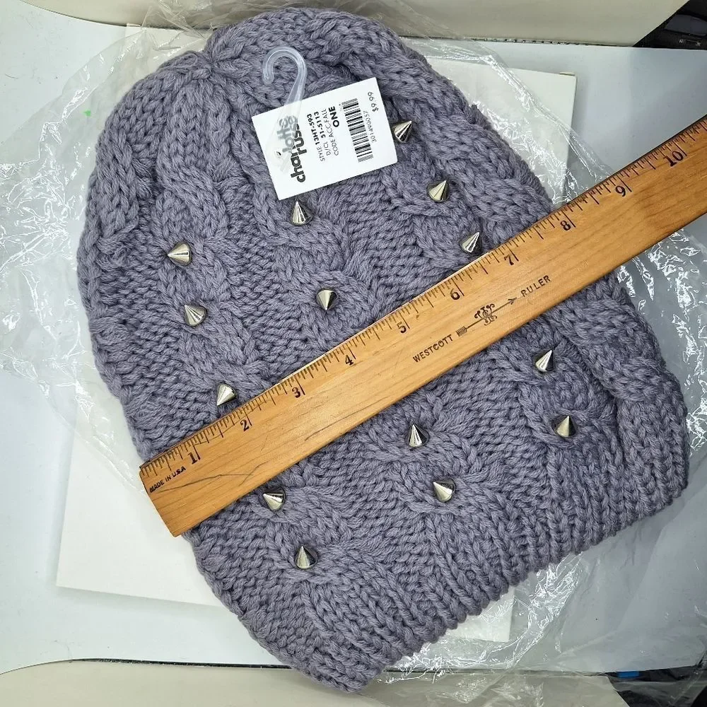 soft gray spike studded beanie hat knitted slouchy cap